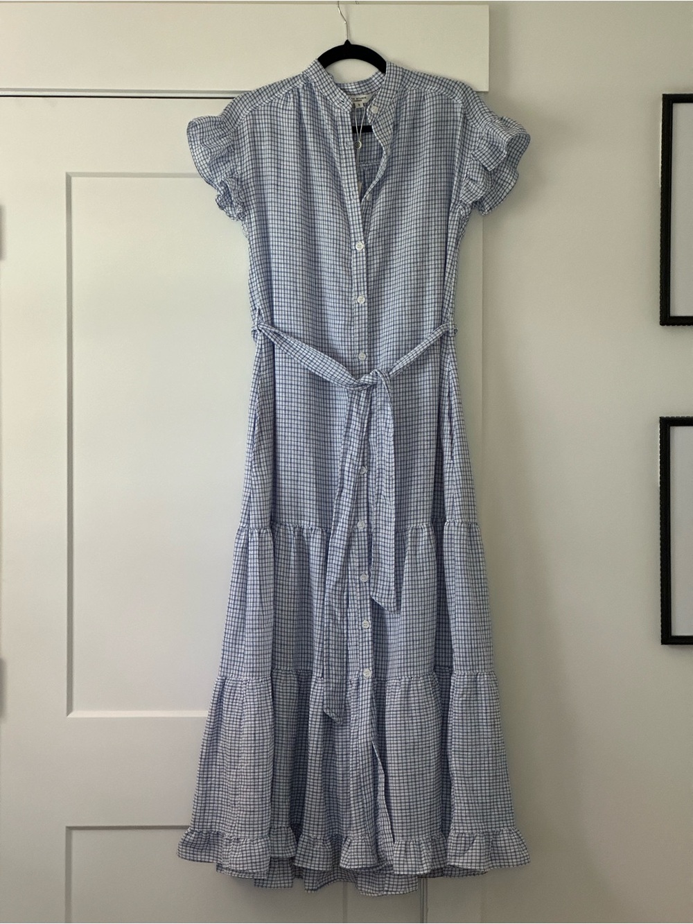 Max Studio Light Blue Gingham Button-Front Maxi Dress with Tie Waist